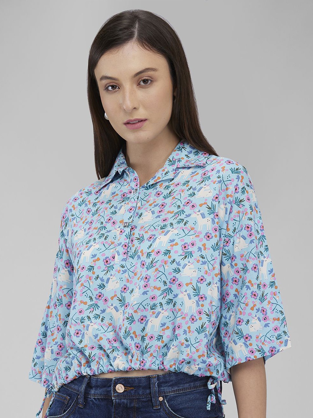 

IZEL Women Boxy Opaque Floral Printed Casual Shirt, Blue