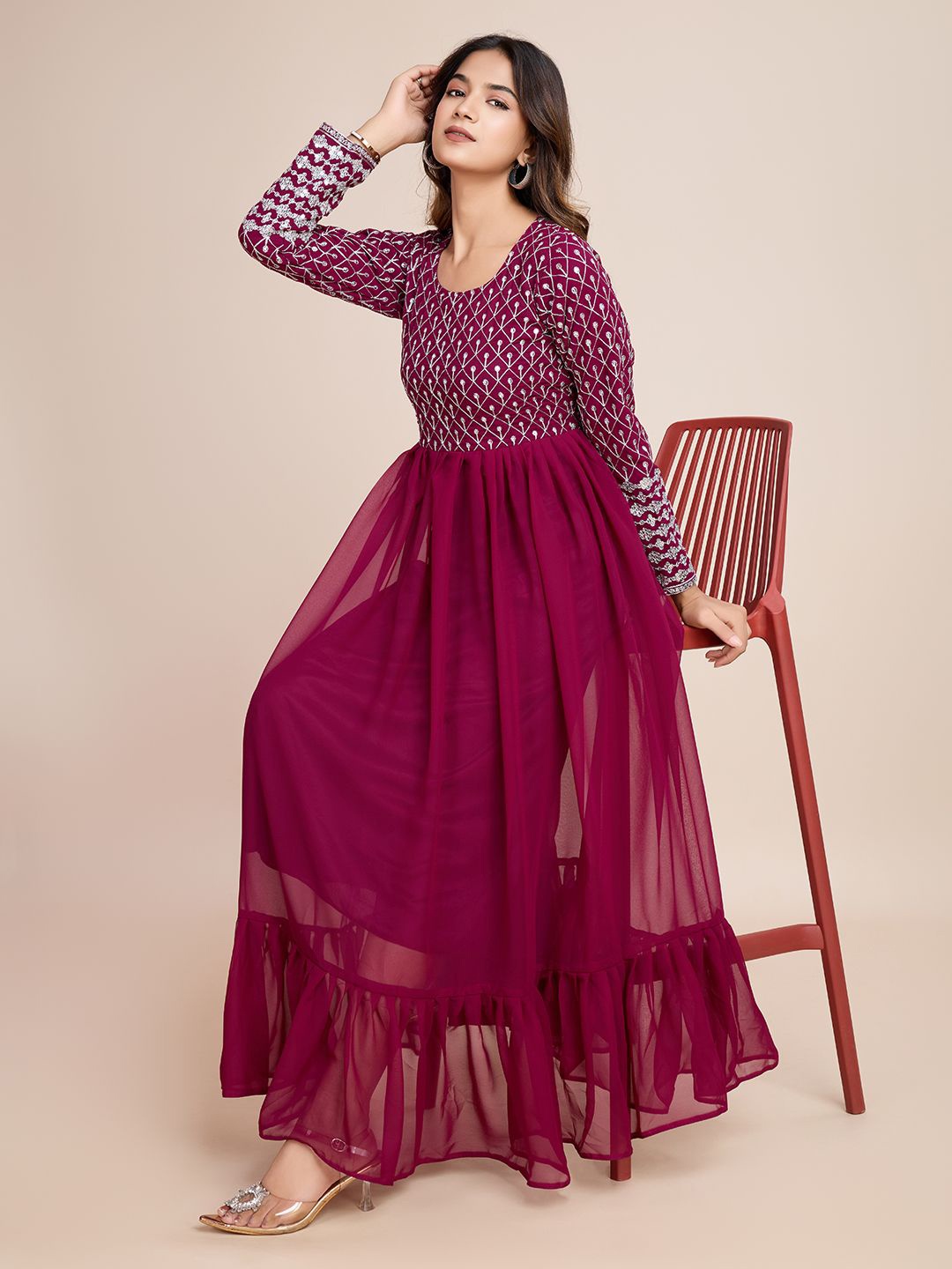 

AKSHARAM Floral Embroidered Georgette Fit & Flare Maxi Dress, Purple