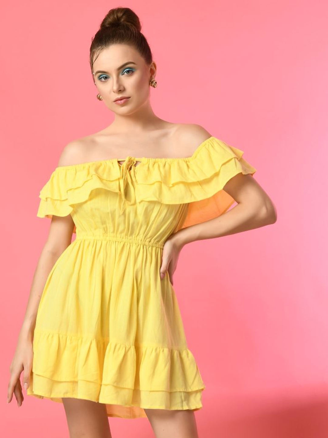 

PRETTY LOVING THING Off-Shoulder Flutter Sleeve Fit & Flare Mini Dress, Yellow