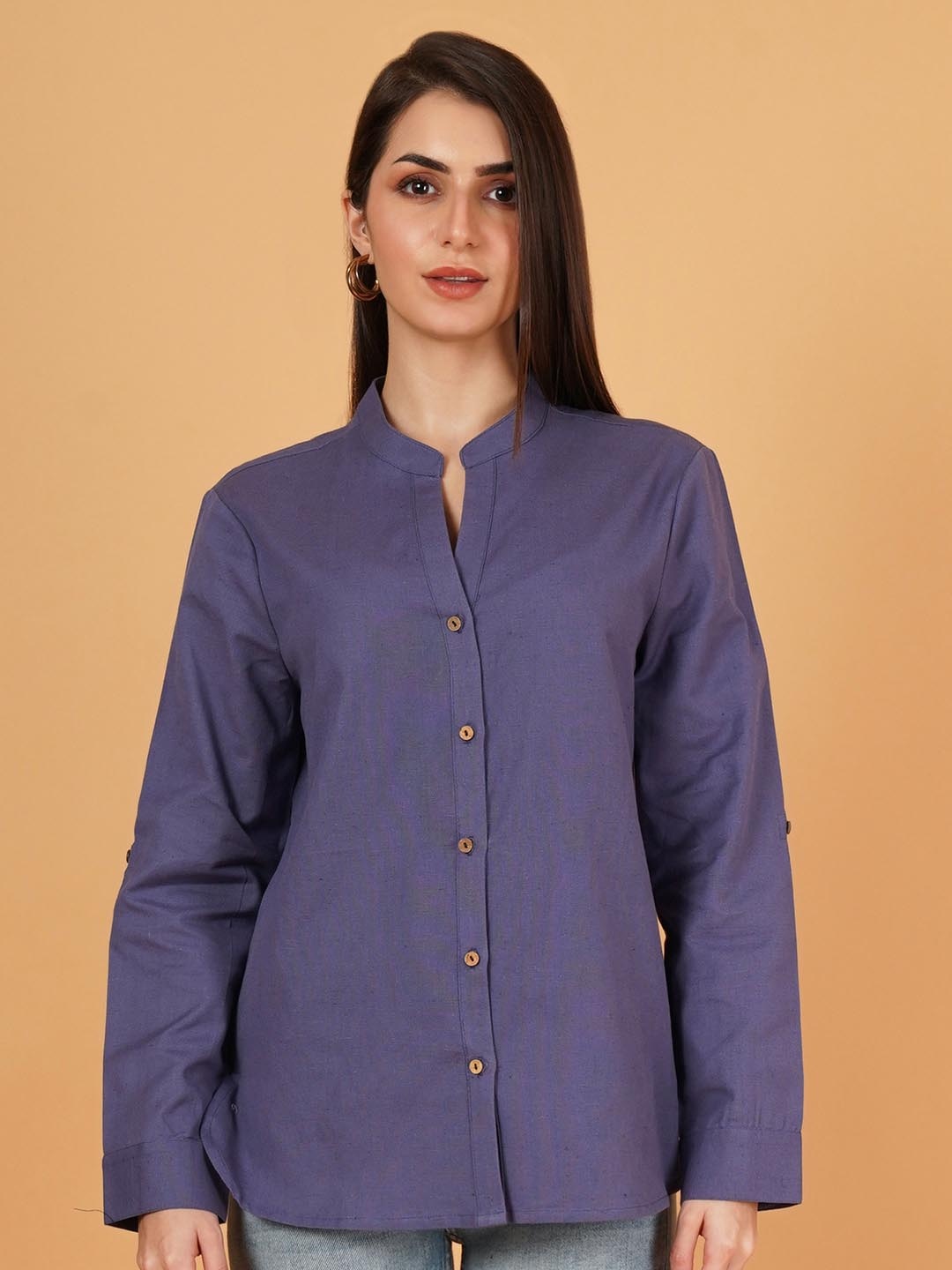 

IX IMPRESSION Mandarin Collar Cotton Top, Navy blue