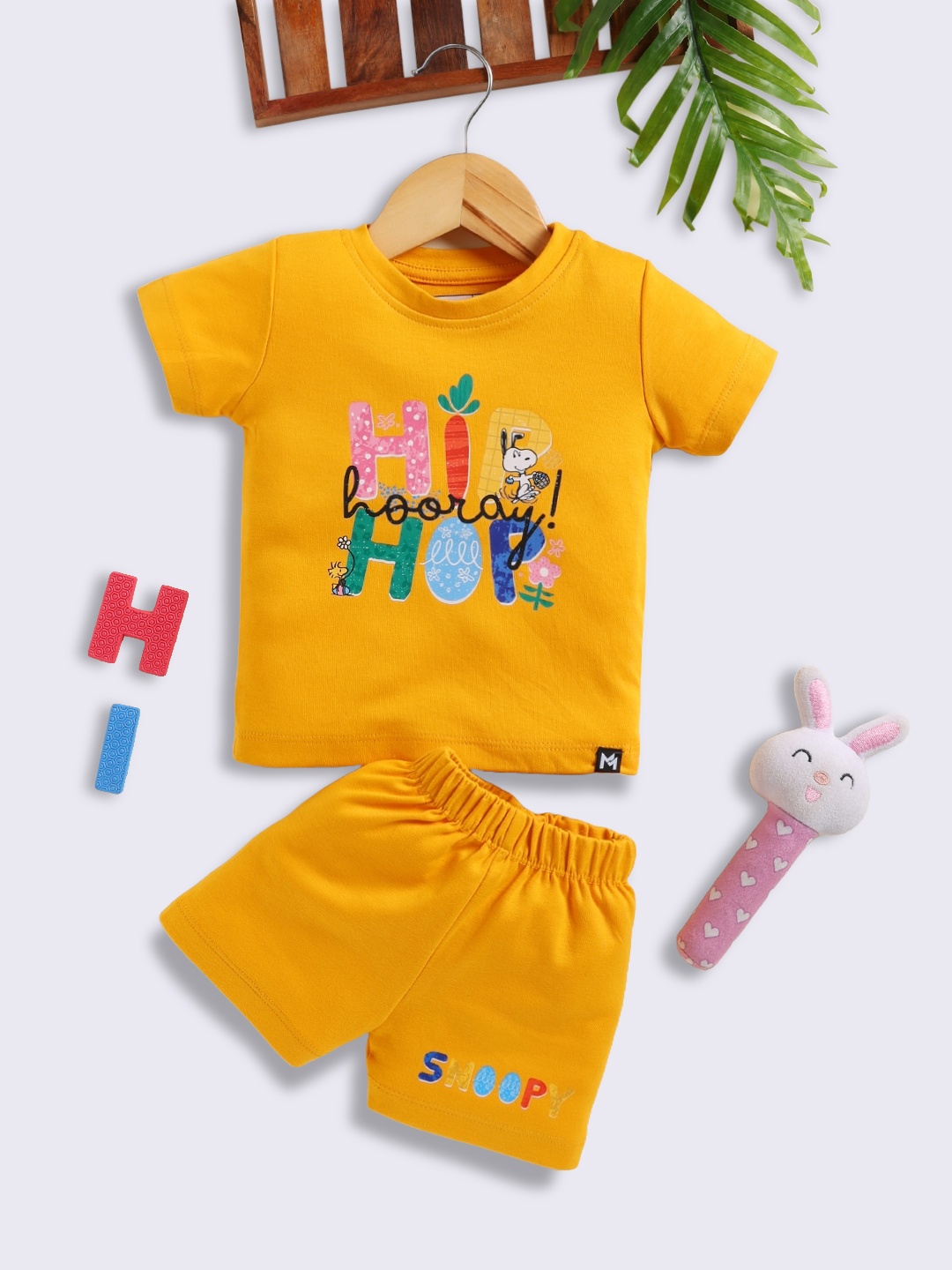

YK X Minute Mirth Infants Girls Snoopy Printed Pure Cotton Top with Shorts, Mustard