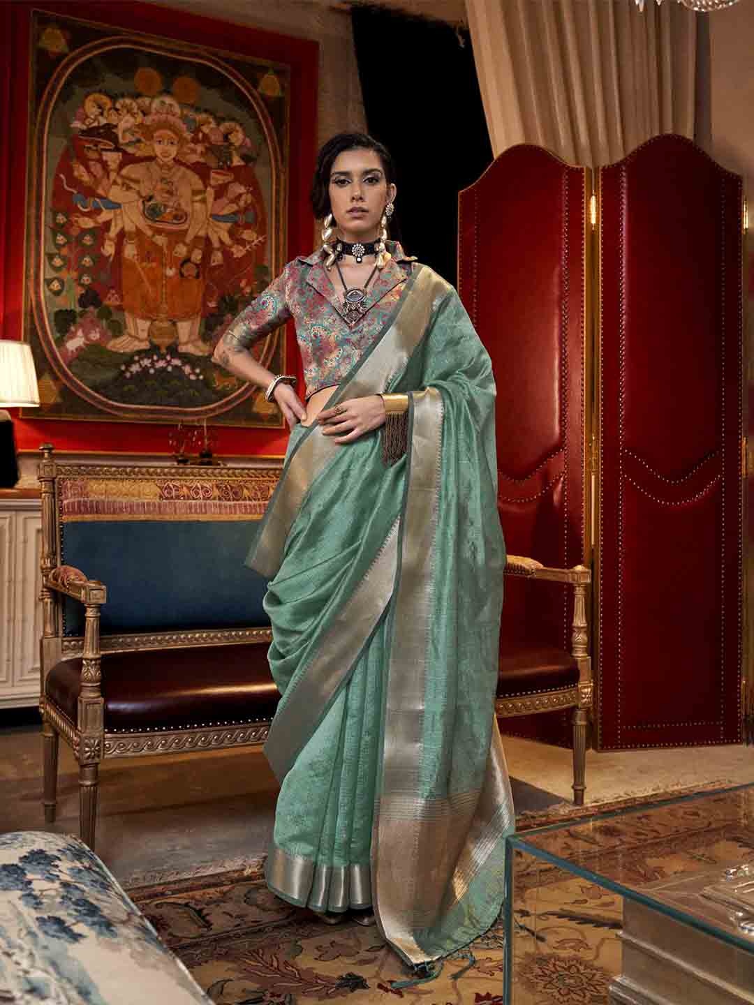 

Mitera Woven Design Zari Poly Chiffon Saree, Teal