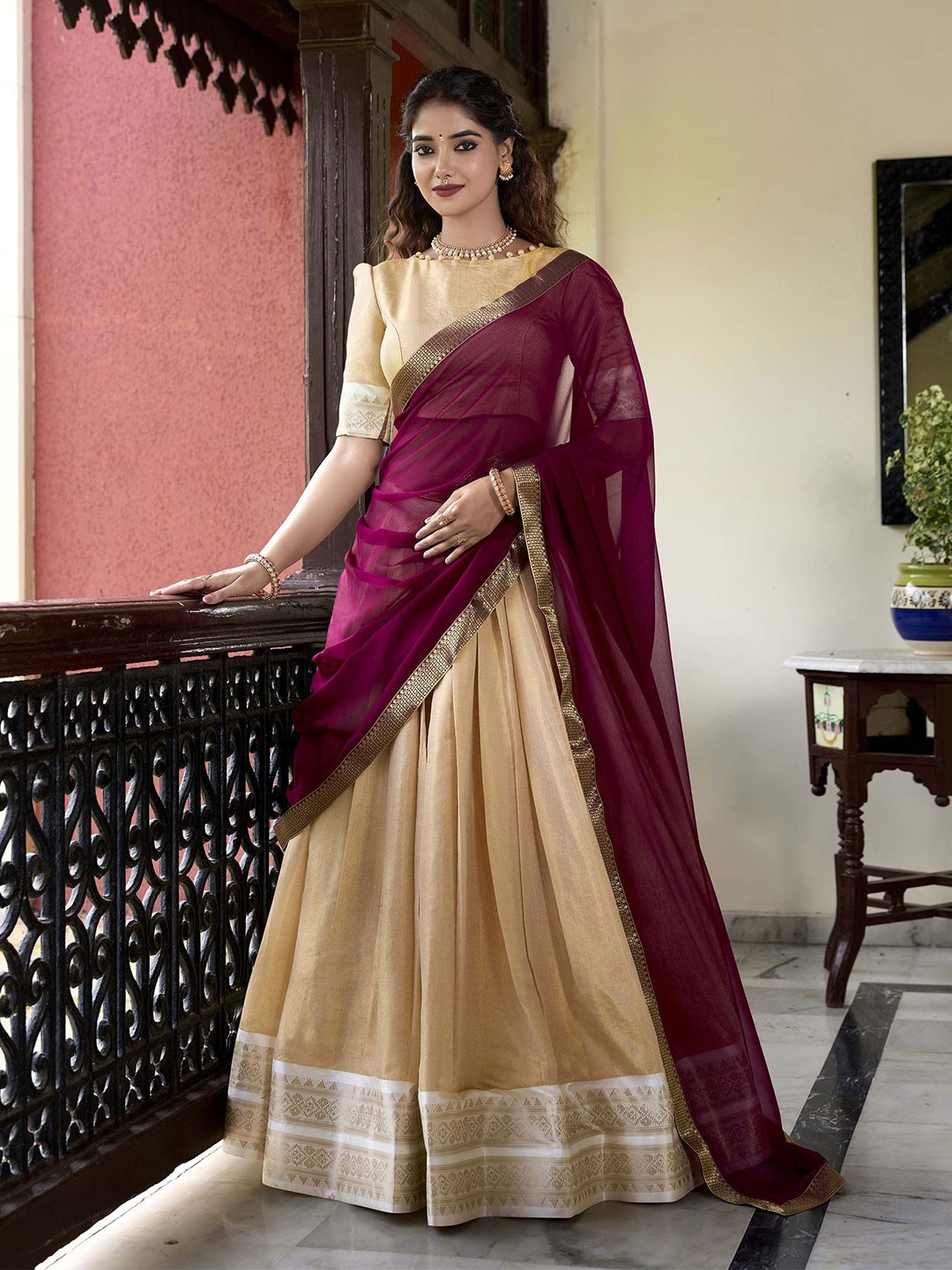 

LOOKNBOOK ART Ready to Wear Lehenga & Unstitched Blouse With Dupatta, Cream