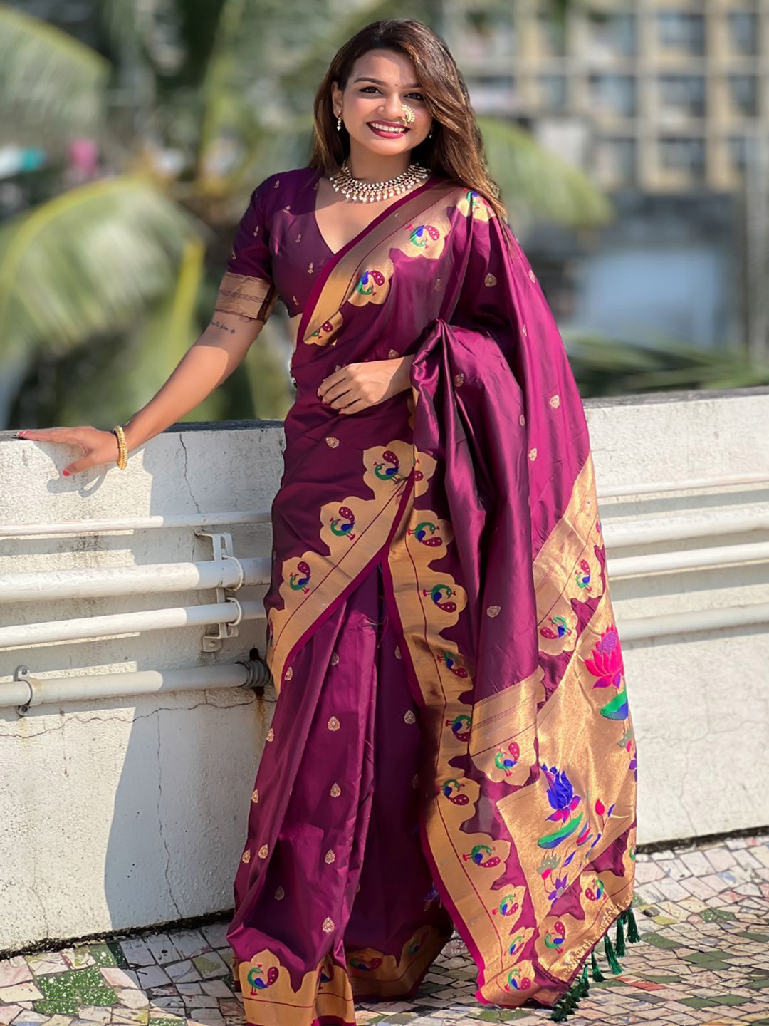 

Panzora Woven Design Zari Silk Blend Paithani Saree, Purple