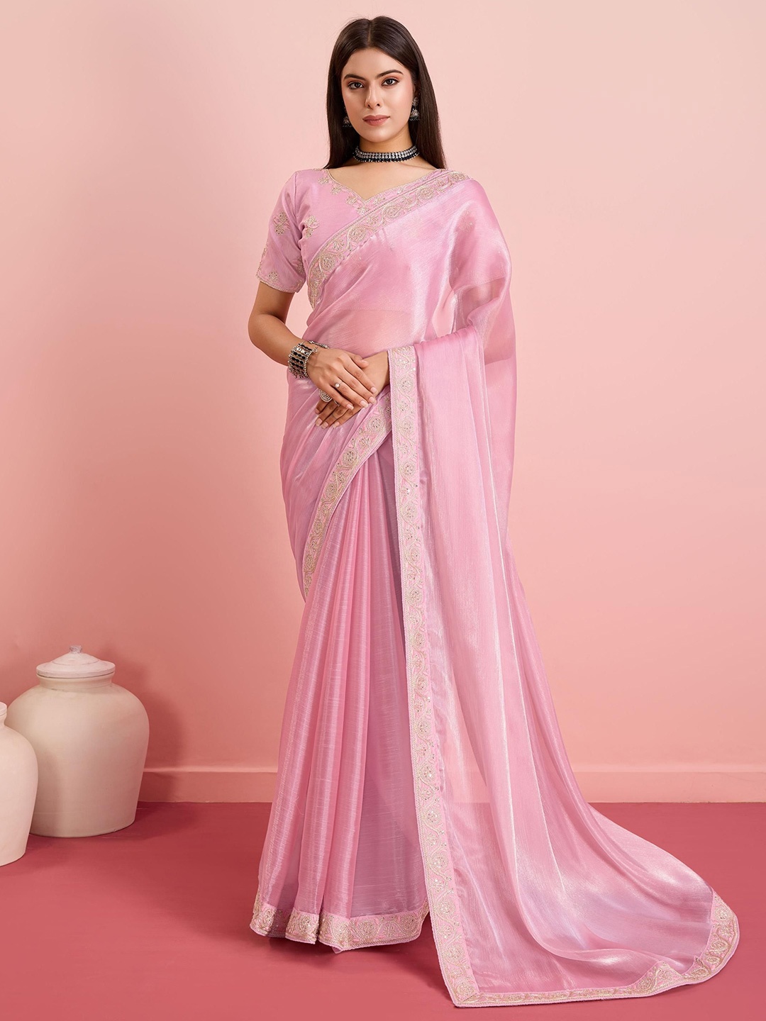 

HERE&NOW Embroidered Ready to Wear Saree, Pink