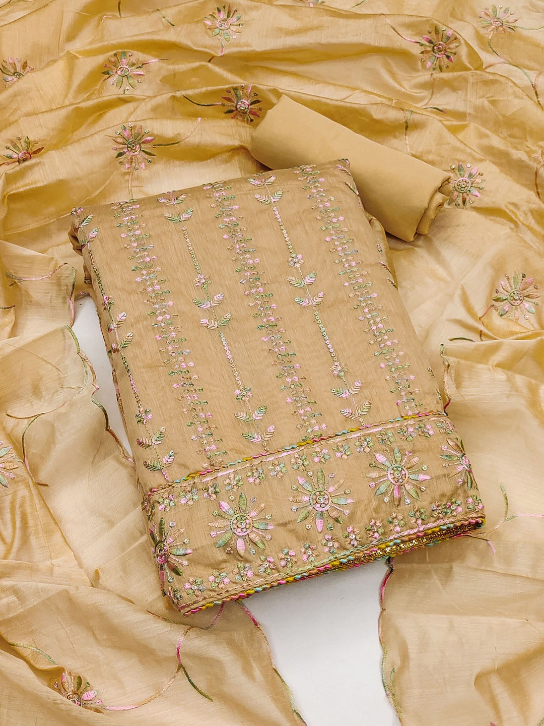 

Maroosh Embellished Unstitched Dress Material, Beige