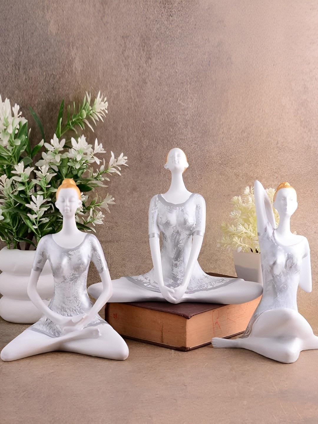 

Zart White & Silver Toned 3 Pieces Yoga Lady Figurine Showpieces