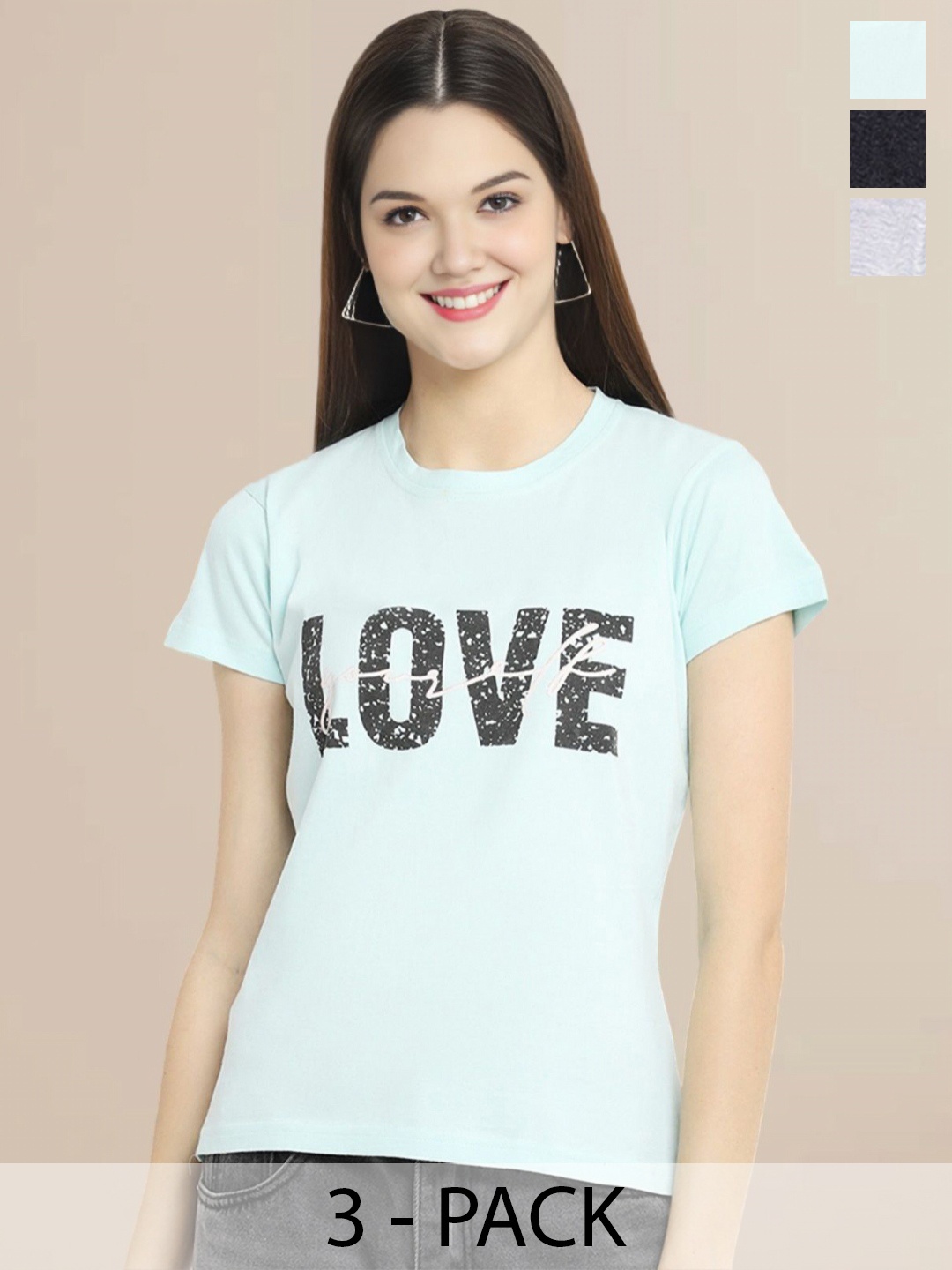 

Metronaut Women Pack Of 3 Typography Printed Round Neck Cotton T-shirts, Grey