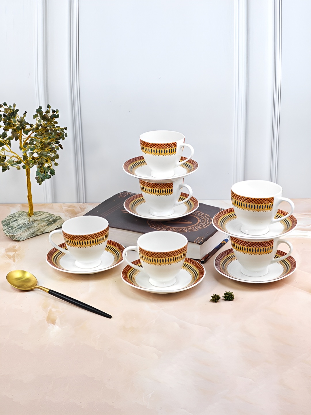 

UPC Set of 6-Premium Ceramic Printed Glossy Cups & Saucers, White