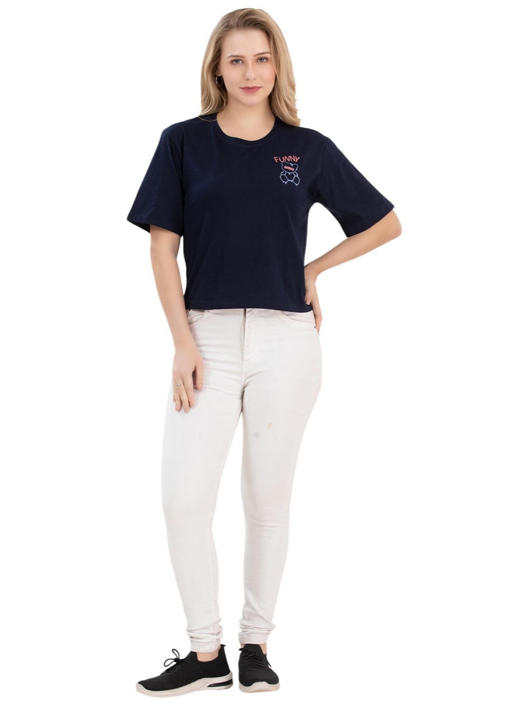 

Trylo Women Drop-Shoulder Sleeves Applique T-shirt, Navy blue