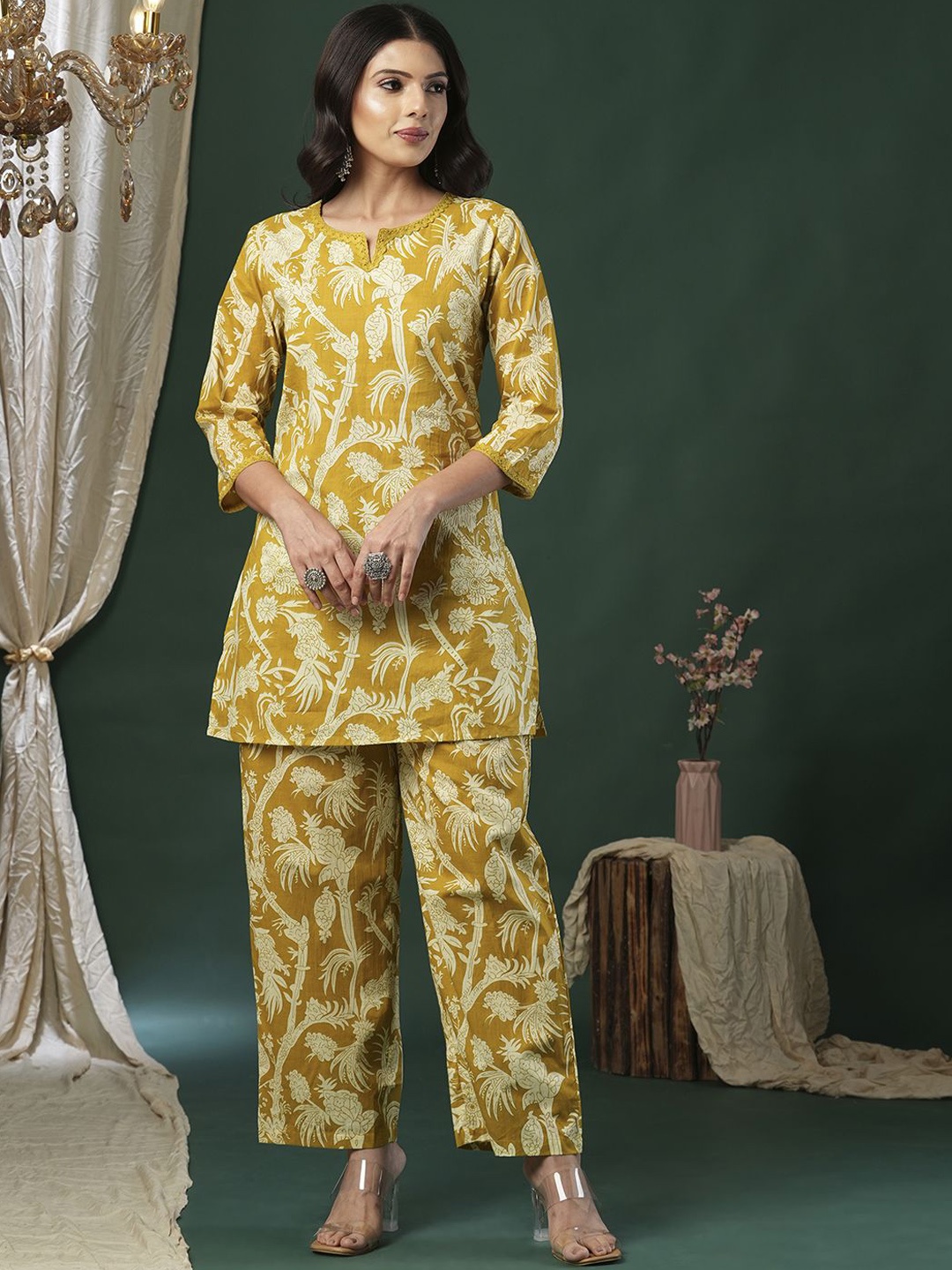 

INDYES Floral Printed Pure Cotton Tunic With Trousers Co-Ords, Mustard