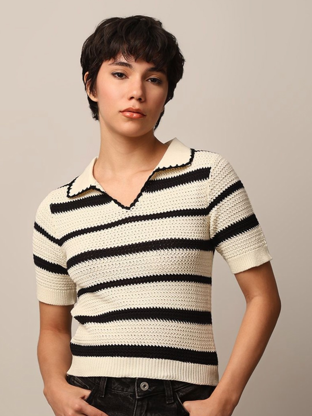 

ONLY Women Striped Polo Collar T-shirt, Cream