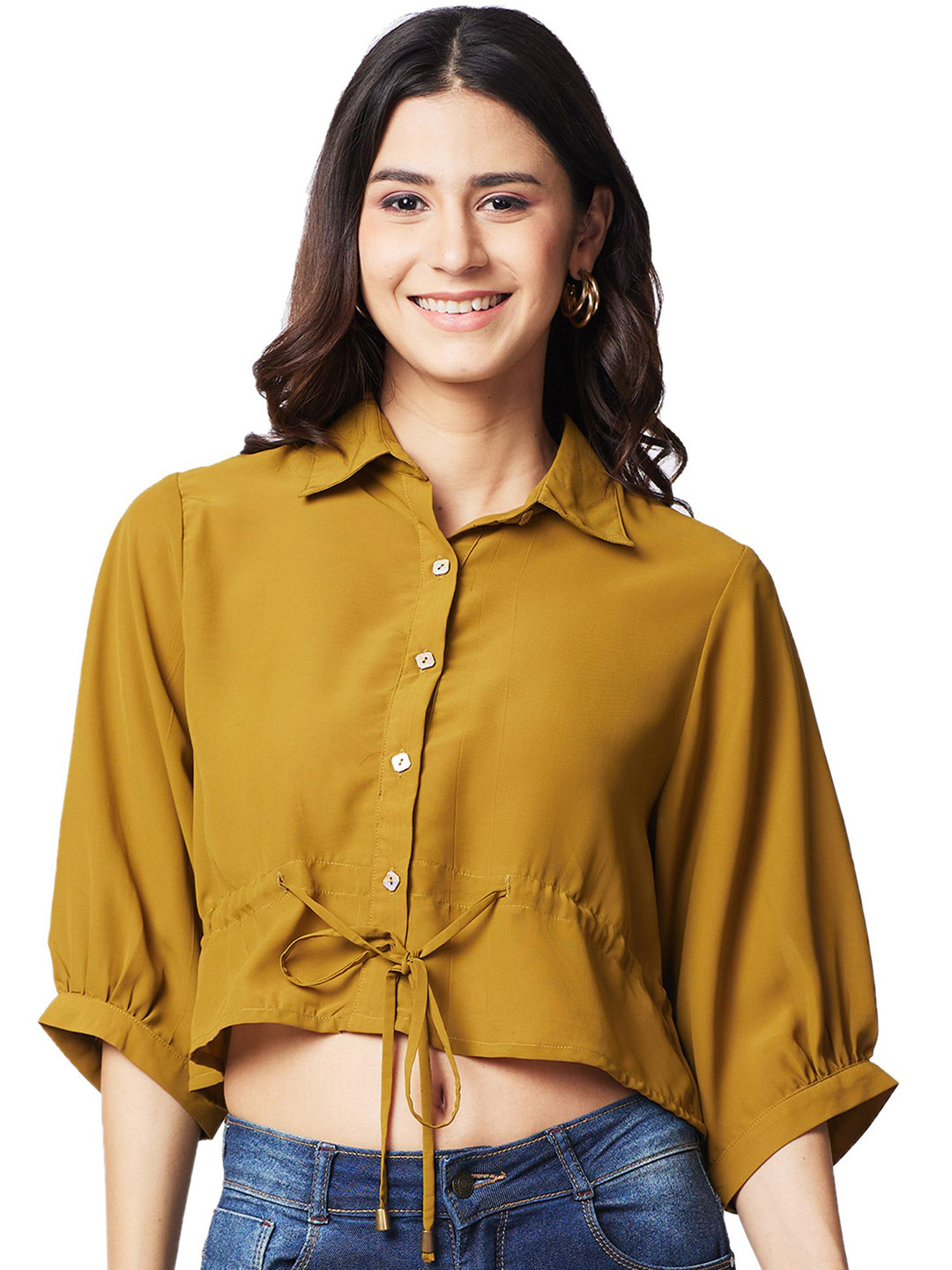 

IZEL Women Solid Crop Waist Tie-Up Casual Top, Mustard