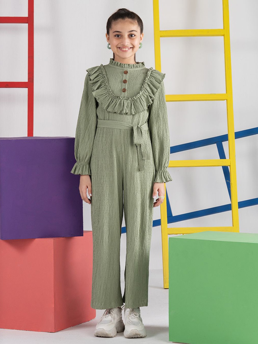 

SPUNKIES Girls Frill Jumpsuit with Puff Sleeves, Green