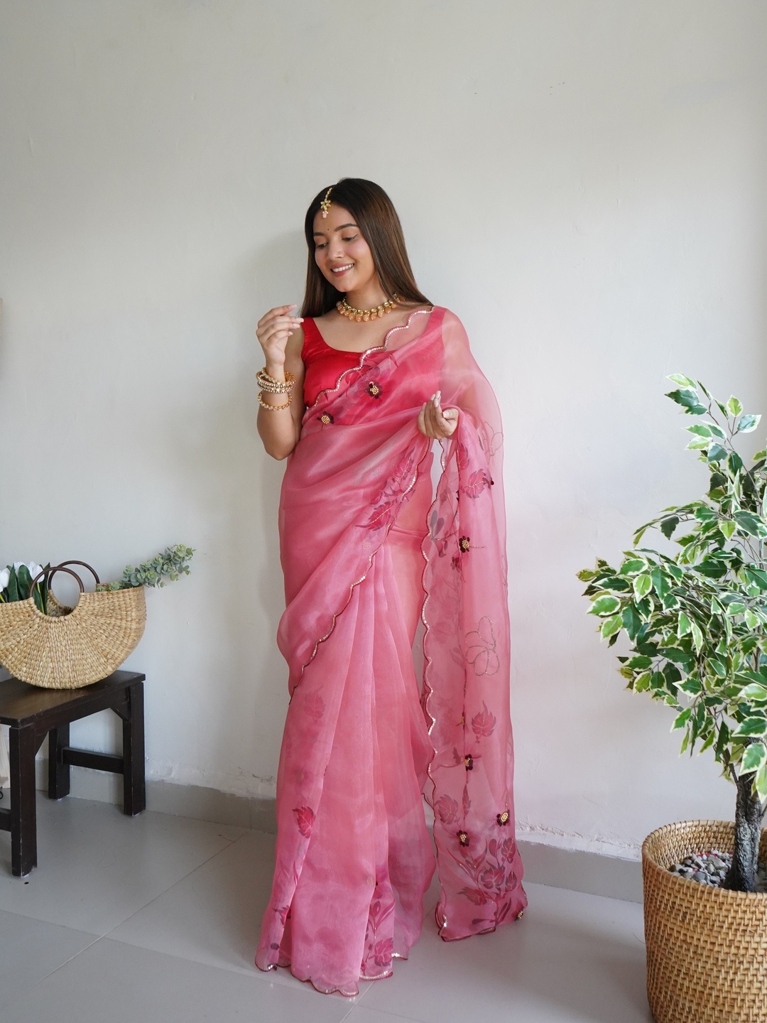 

Anouk Floral Beads and Stones Organza Saree, Peach