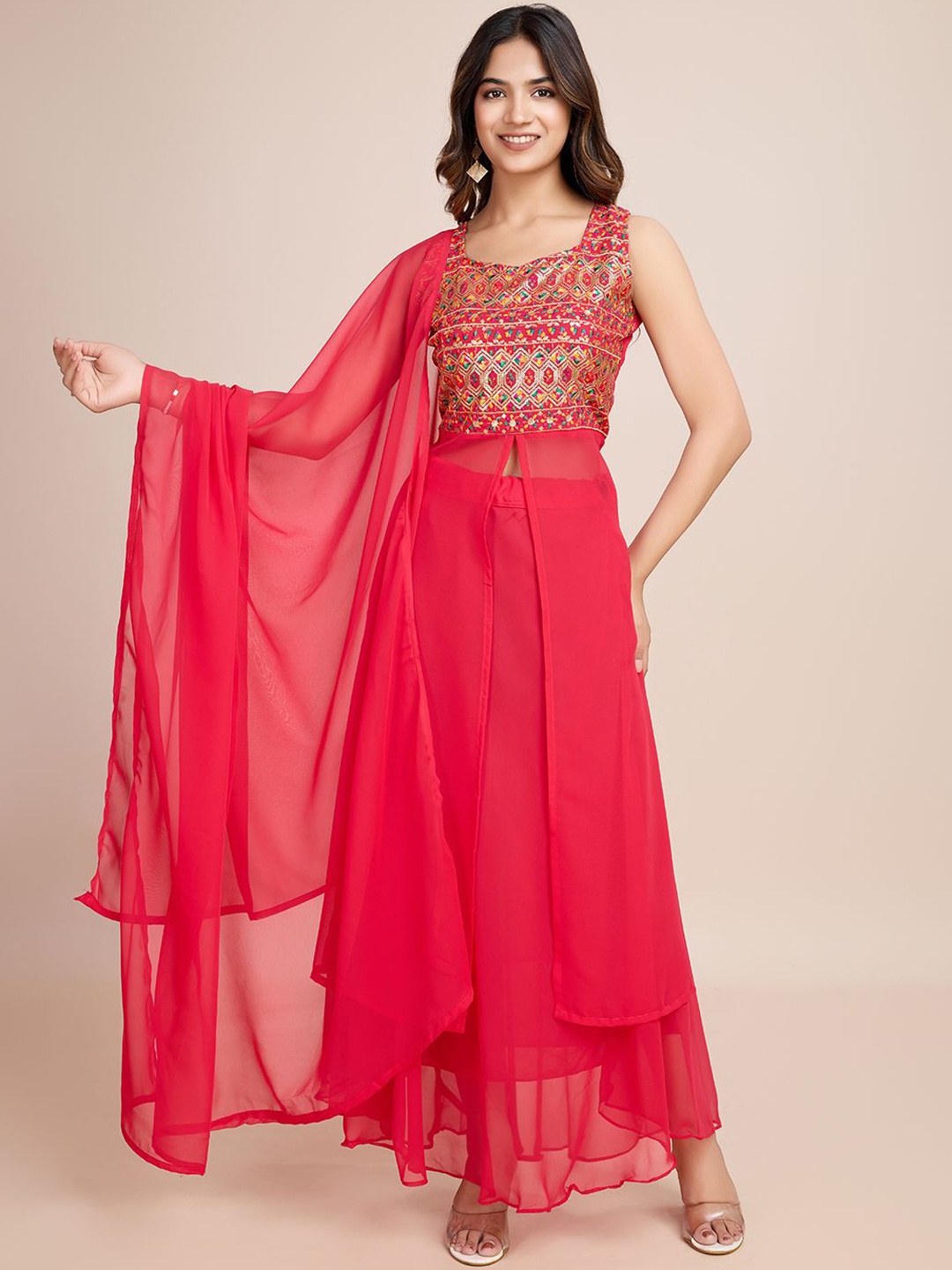 

AKSHARAM Women Ethnic Motifs Embroidered Regular Sequinned Kurta with Palazzos & With Dupatta, Pink