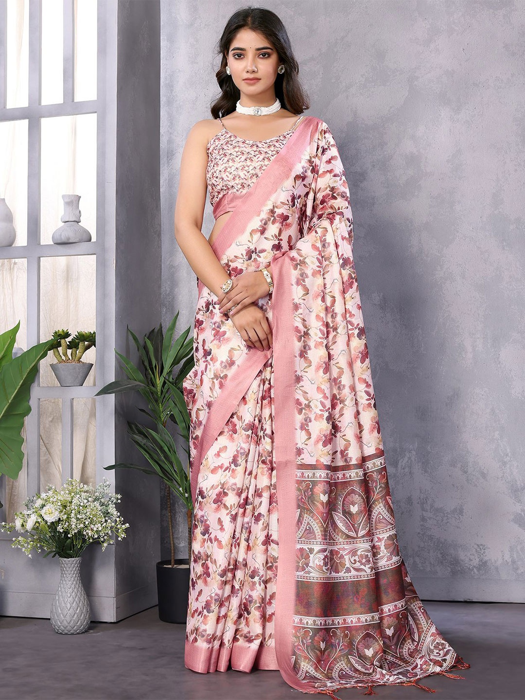 

KALINI Floral Art Silk Saree, Red