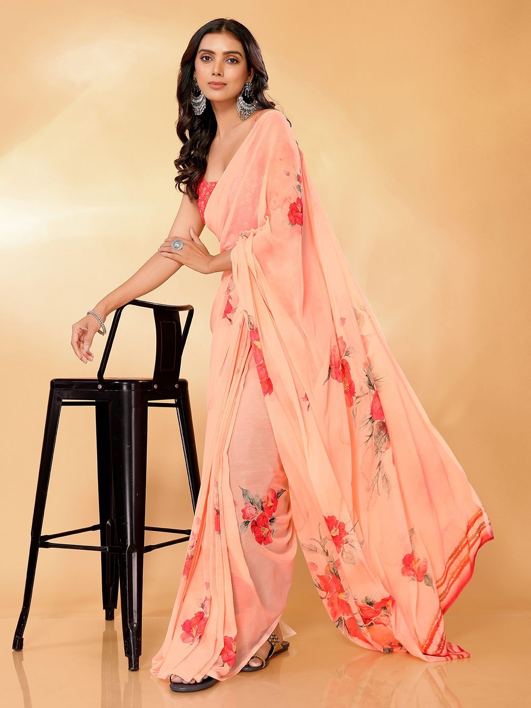 

KALINI Floral Poly Georgette Saree, Peach