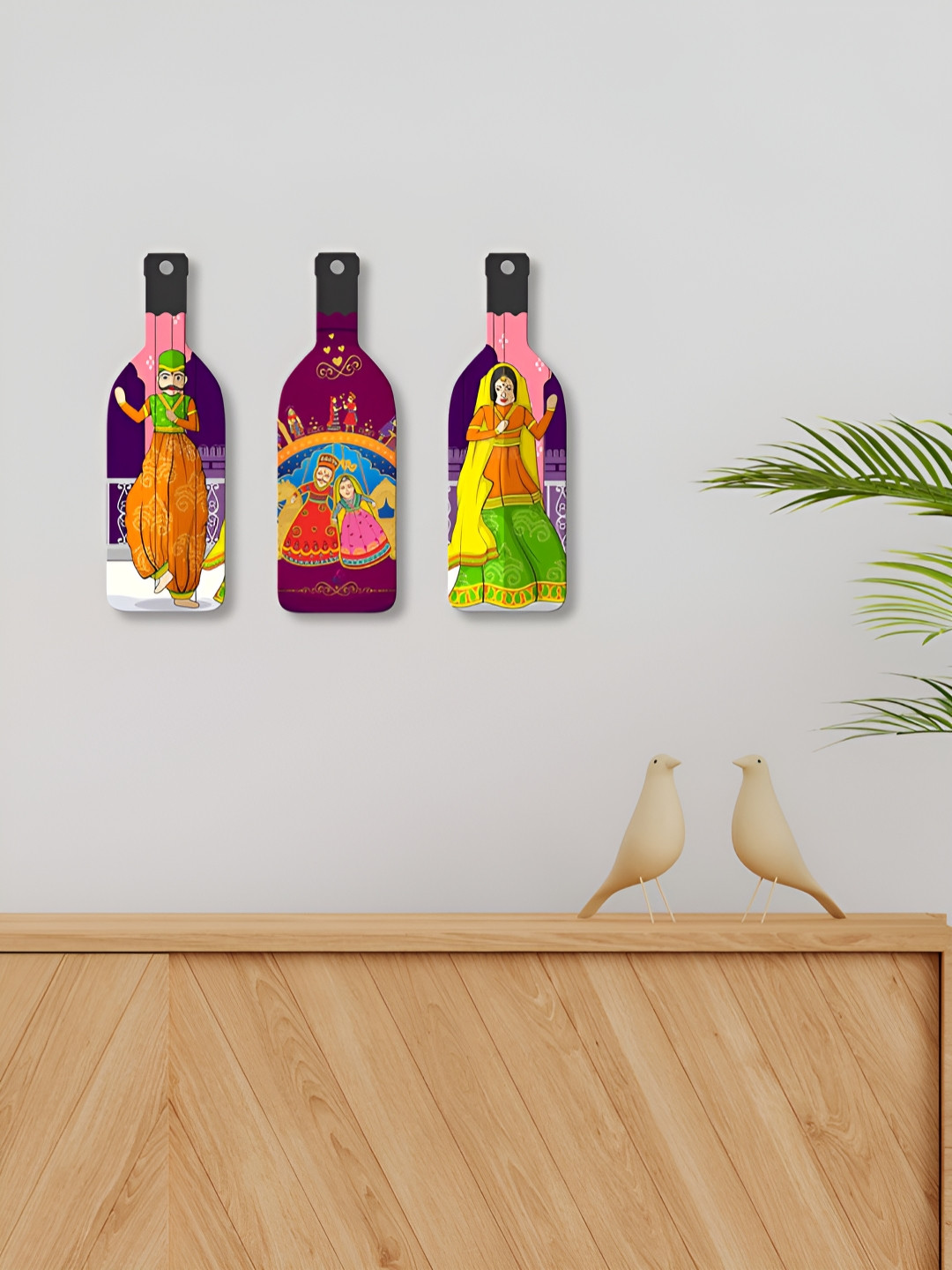 

ArtVibes Set Of 3 Printed Rajasthani Puppet Dance Bottle-Shaped Wooden Wall Hanging, Green