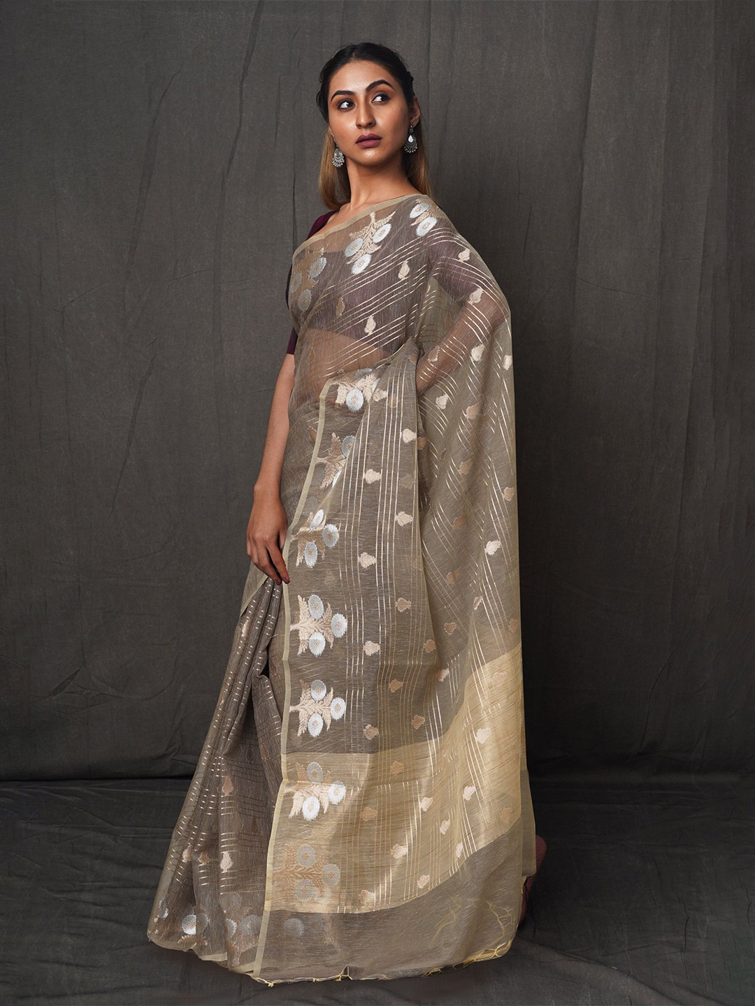

Unnati Silks Ethnic Motifs Zari Silk Cotton Chanderi Saree, Beige