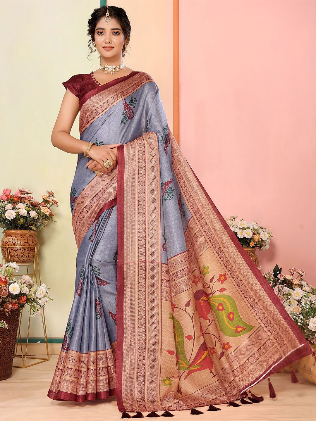 

KALINI Woven Design Zari Art Silk Fusion Saree, Grey