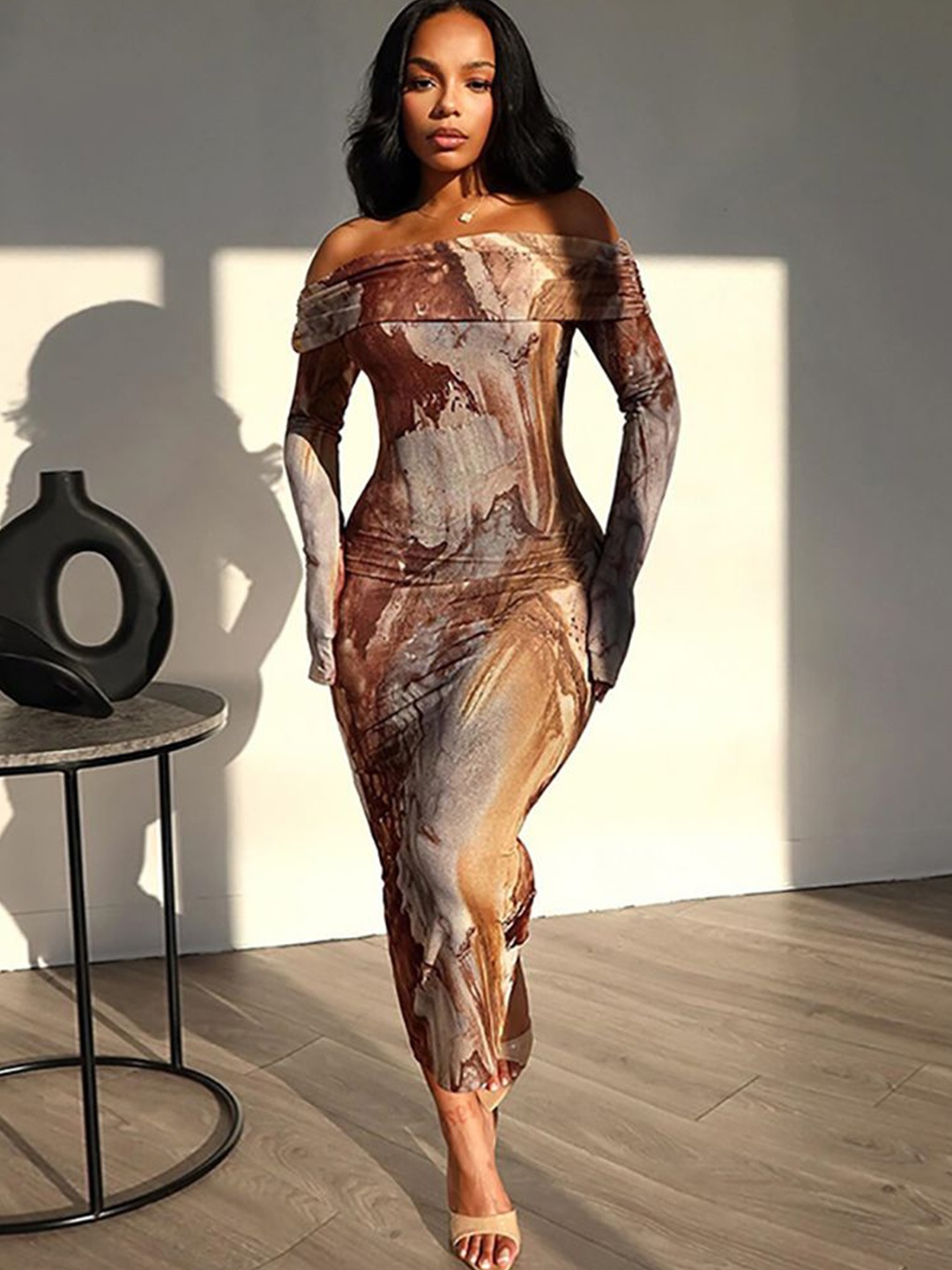 

StyleCast x Revolte Print Bodycon Midi Dress, Brown