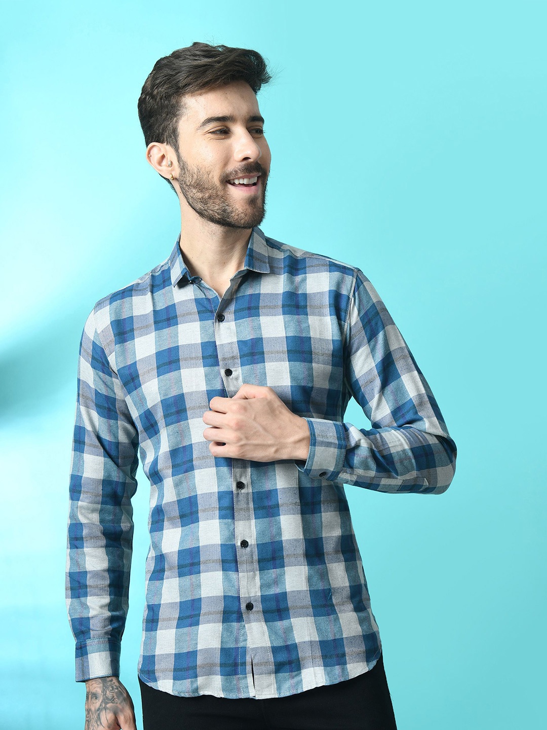 

Tanip Men Comfort Sheer Checked Casual Shirt, Blue