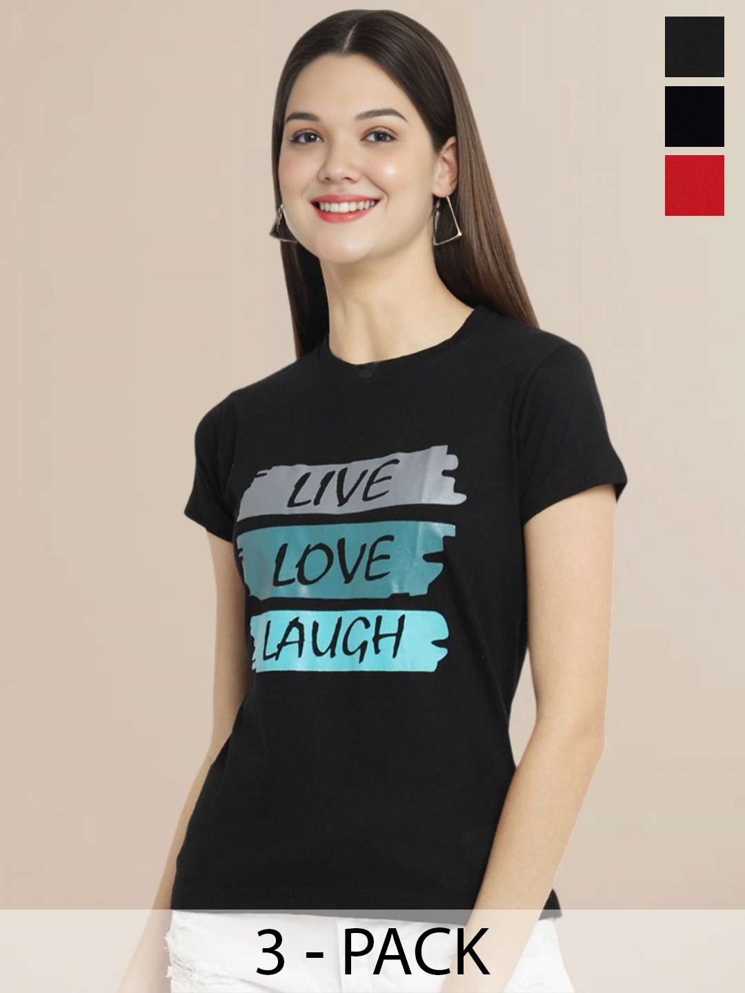 

Metronaut Women Pack Of 3 Typography Printed Round Neck Cotton T-shirts, Red