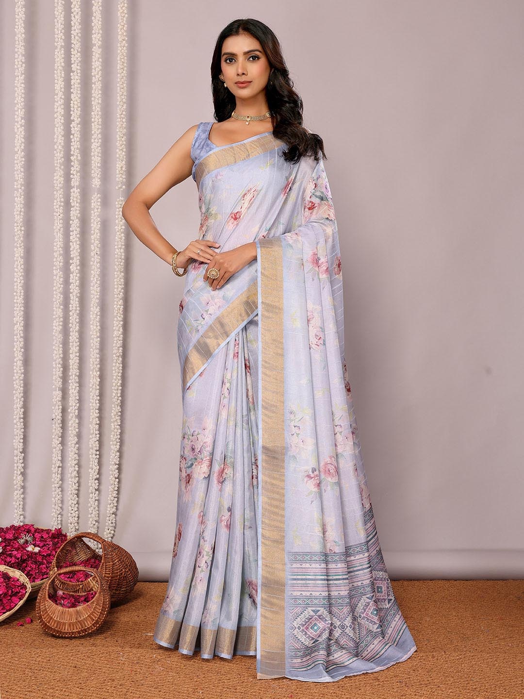 

KALINI Floral Silk Blend Chanderi Saree, Blue