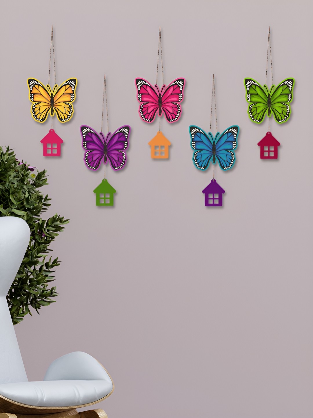 

ArtVibes 5Pcs Green & Blue Printed Wooden Wall Decor Hangings