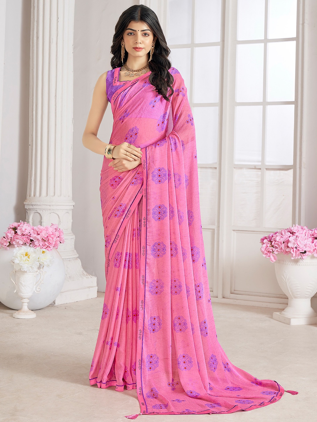 

Panzora Floral Beads and Stones Poly Chiffon Designer Saree, Pink