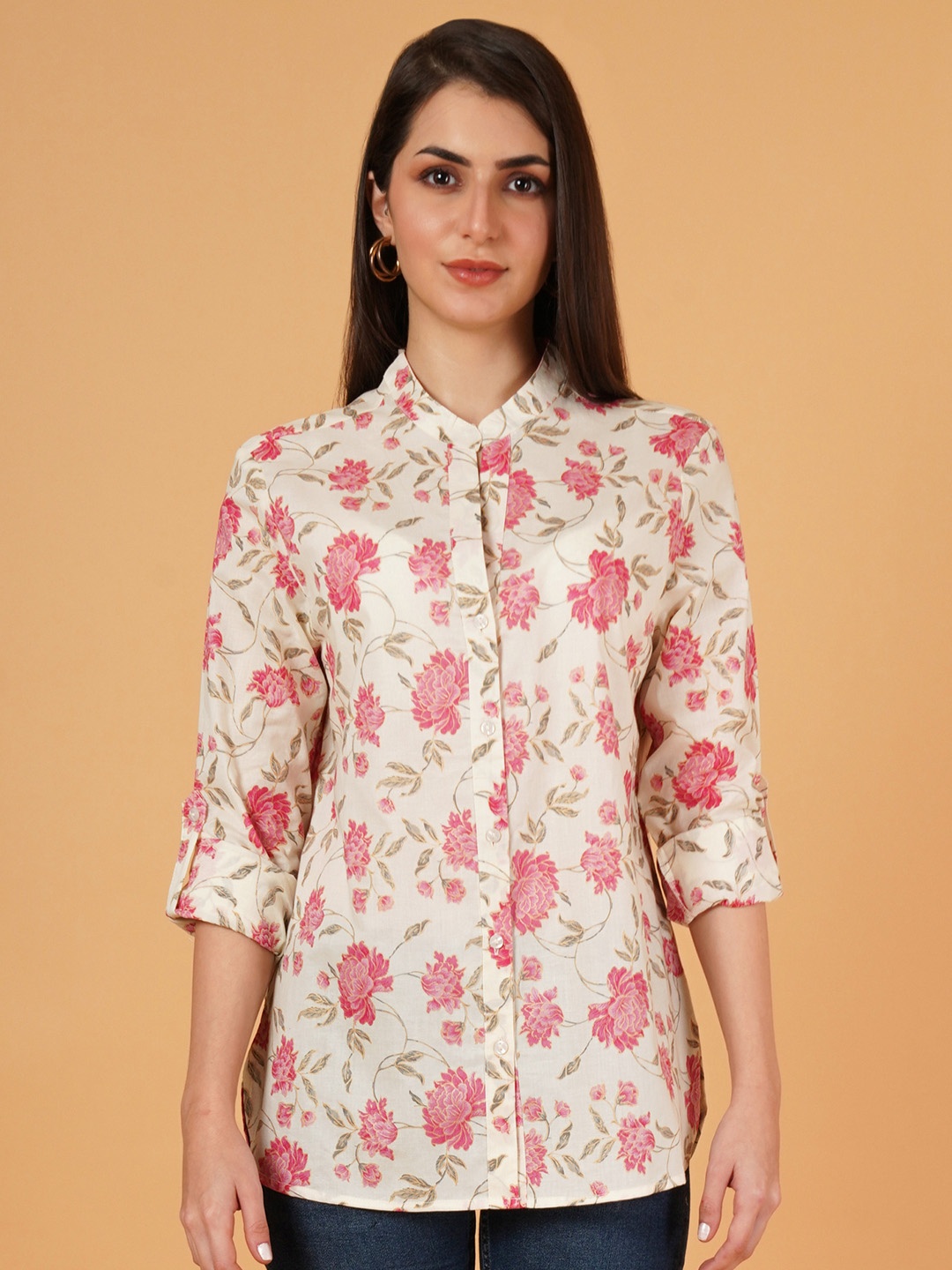 

IX IMPRESSION Floral Print Mandarin Collar Cotton Top, White