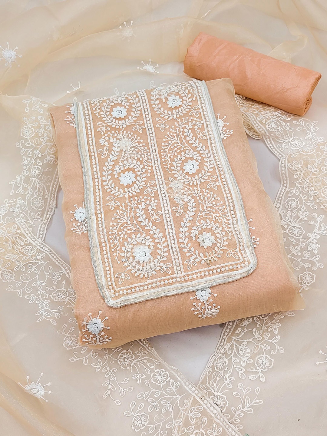 

Maroosh Embroidered Organza Unstitched Dress Material, Peach