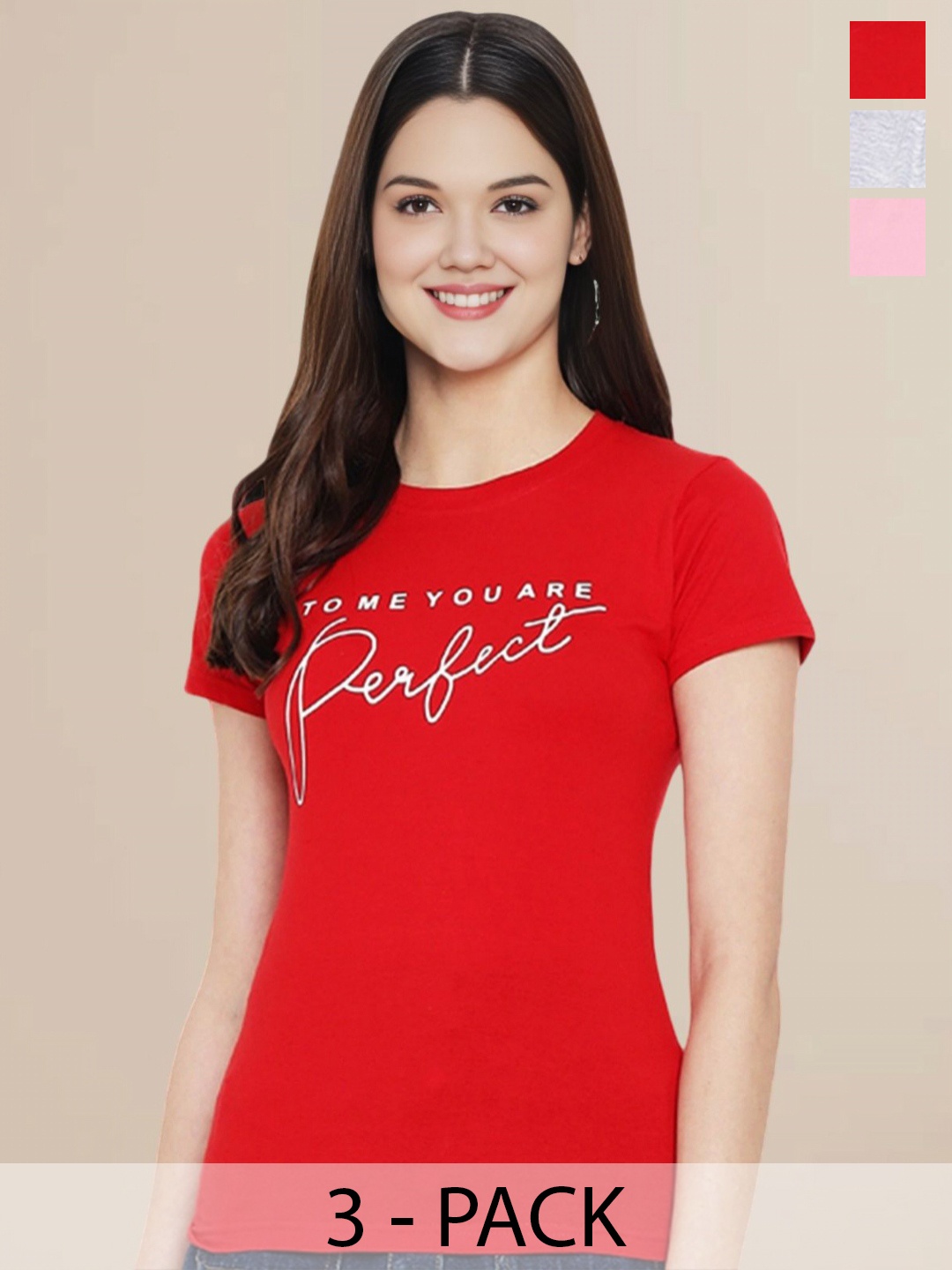 

Metronaut Women Pack Of 3 Typography Printed Round Neck Cotton T-shirts, Red