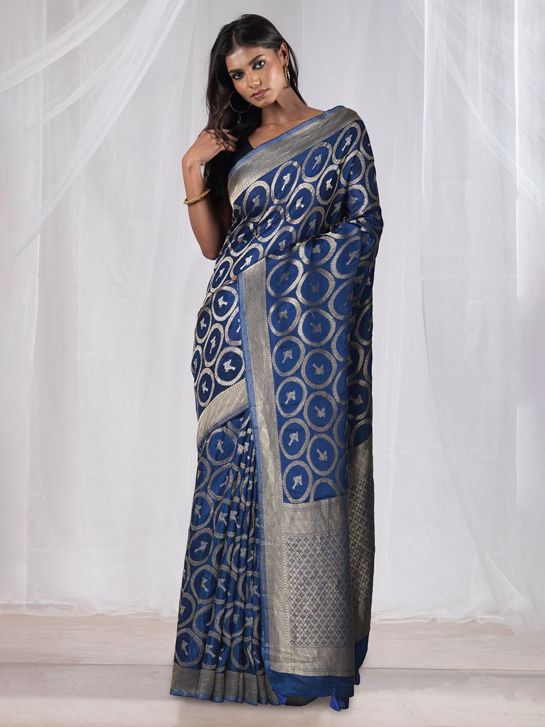 

Unnati Silks Ethnic Motifs Zari Pure Silk Handloom Banarasi Saree, Blue
