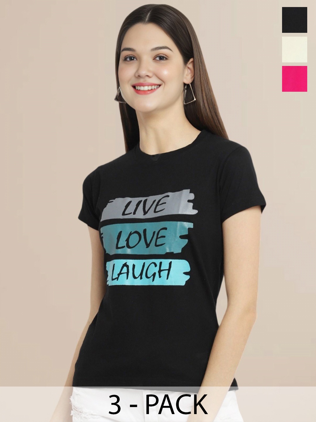 

Metronaut Women Pack Of 3 Typography Printed Round Neck Cotton T-shirts, Pink