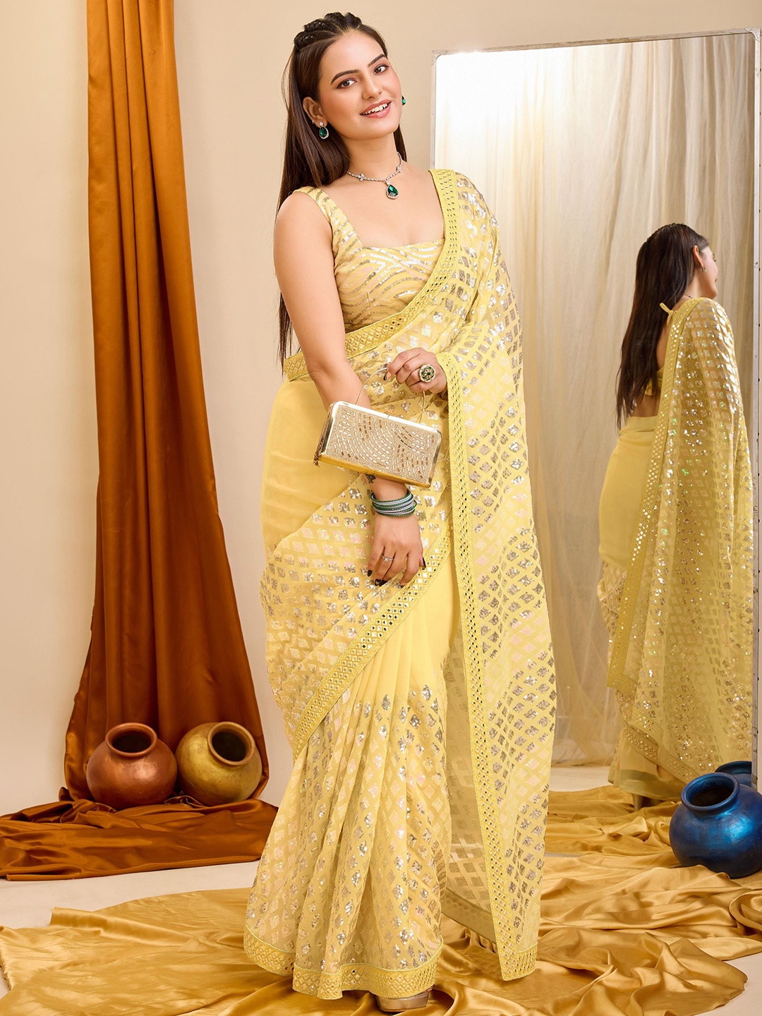 

HERE&NOW Embellished Sequinned Ready to Wear Saree, Yellow
