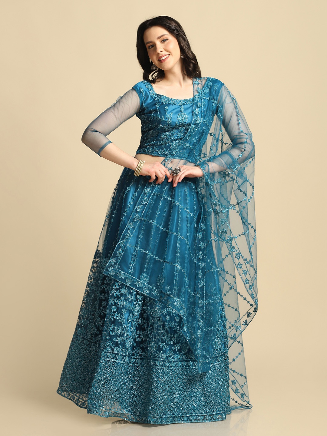 

Warthy Ent Embroidered Thread Work Semi-Stitched Lehenga & Unstitched Blouse With Dupatta, Turquoise blue