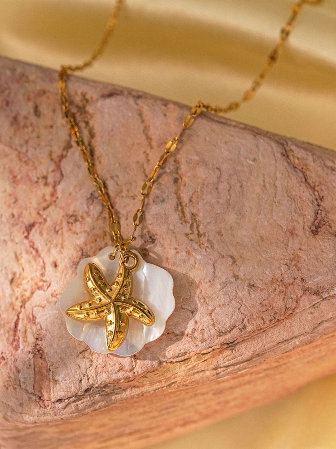 

Just Lil Things Stone Studded Star Shaped Pendant With Chain, Gold