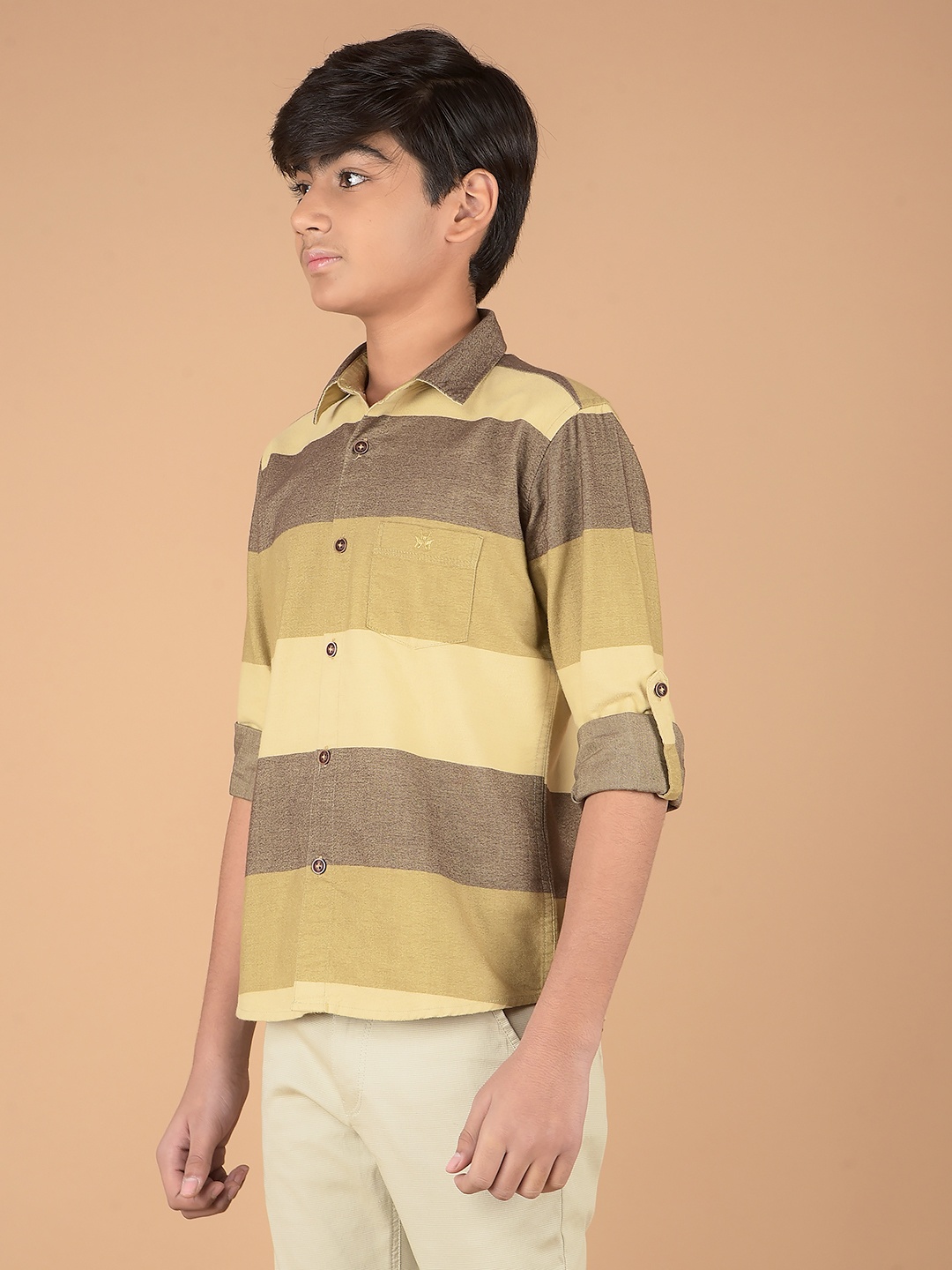 

Crimsoune Club Boys Premium Slim Fit Horizontal Stripes Opaque Striped Casual Shirt, Brown