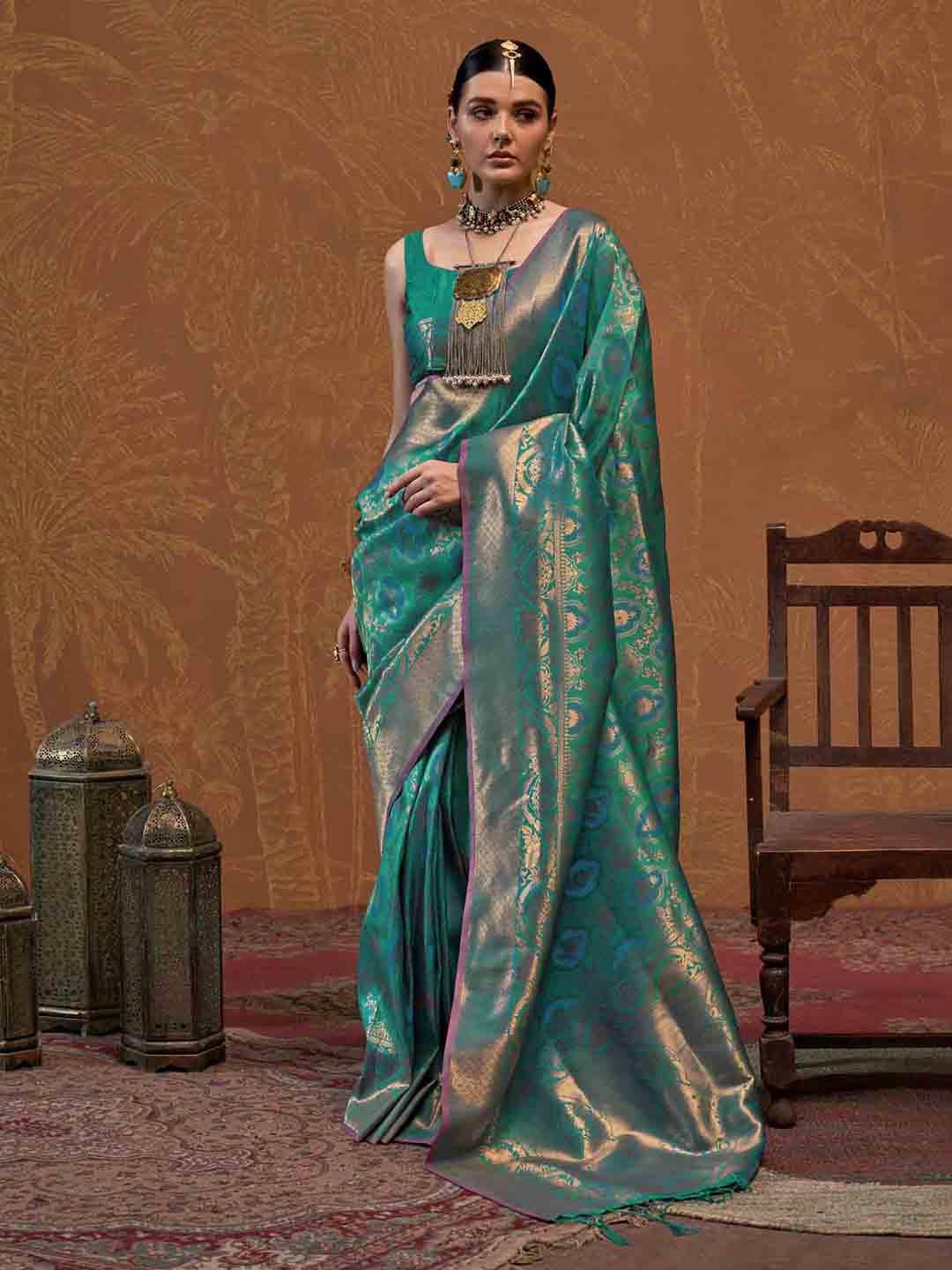 

Mitera Woven Design Zari Silk Blend Saree, Teal