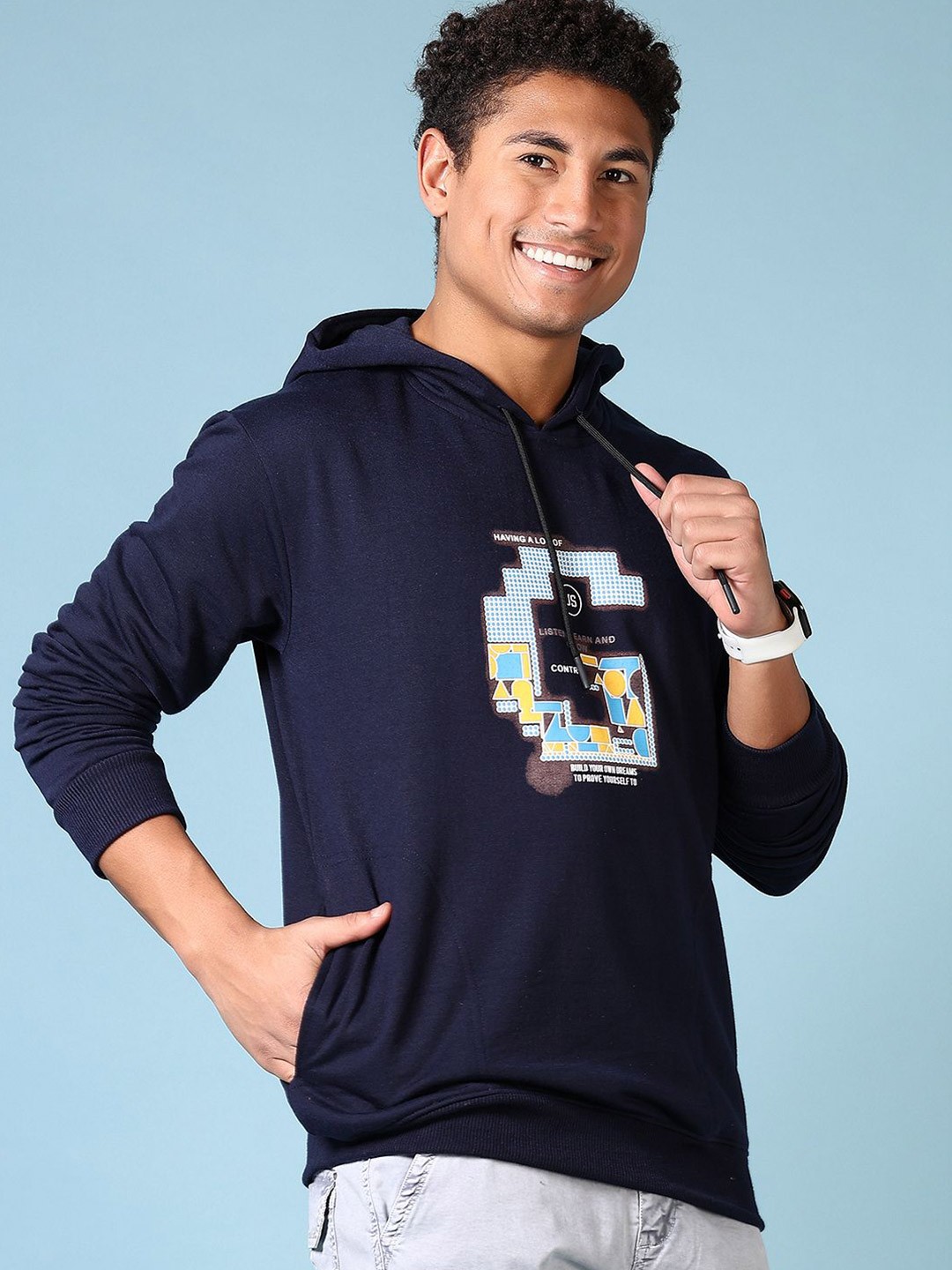 

V-Mart Men Printed Hooded Sweatshirt, Navy blue