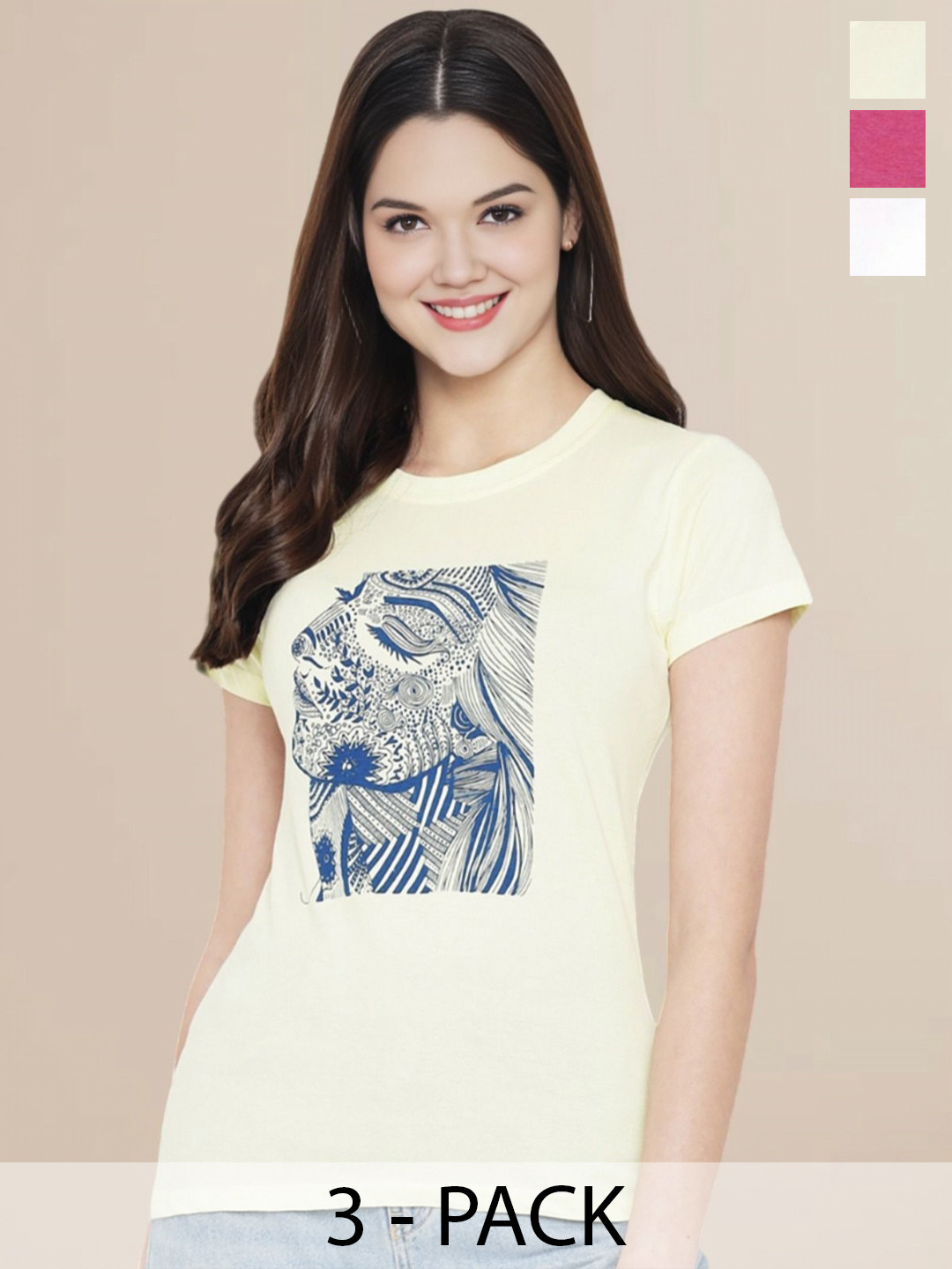 

Metronaut Women Pack Of 3 Typography Printed Round Neck Cotton Donald Duck T-shirts, Off white