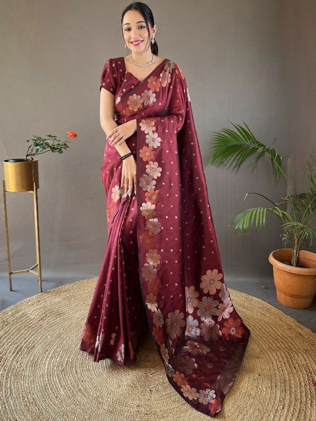 

KALINI Woven Design Zari Silk Cotton Banarasi Saree, Maroon