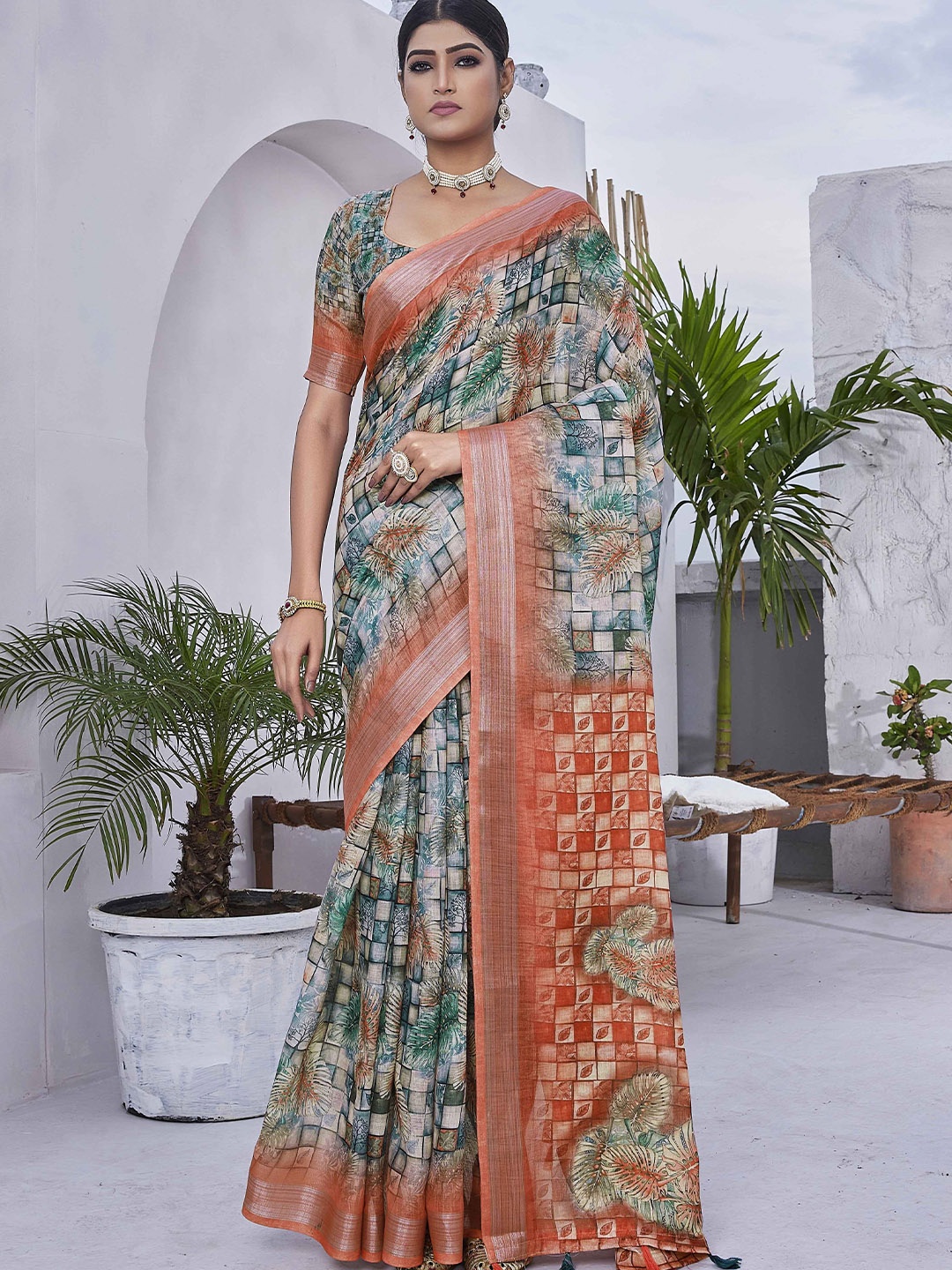 

KSM PRINTS Linen Blend Saree, Green