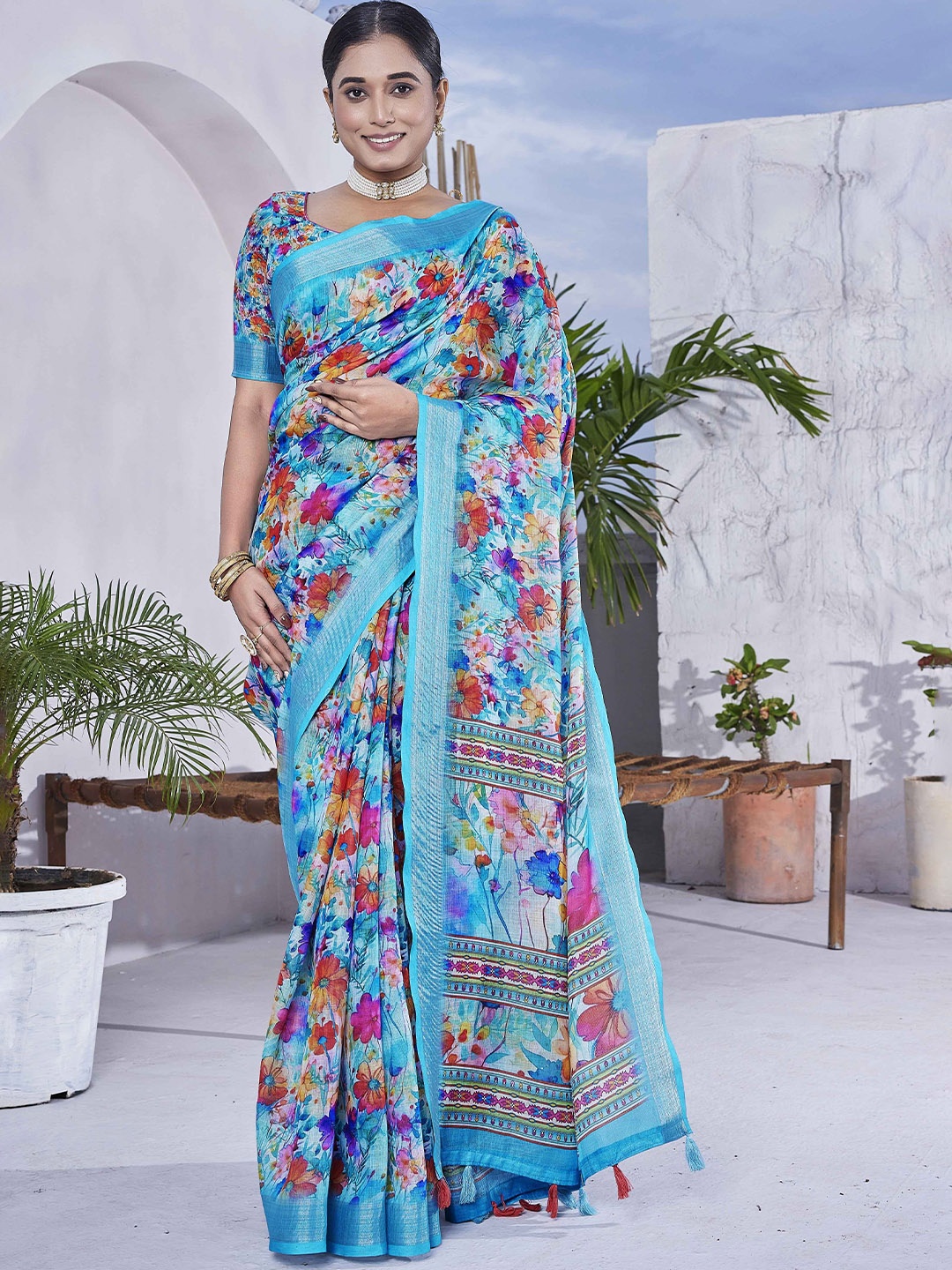 

KSM PRINTS Floral Linen Blend Saree, Blue