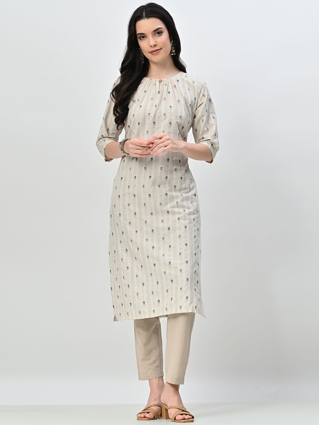 

AMBI Women Regular Kurta with Trousers, Cream