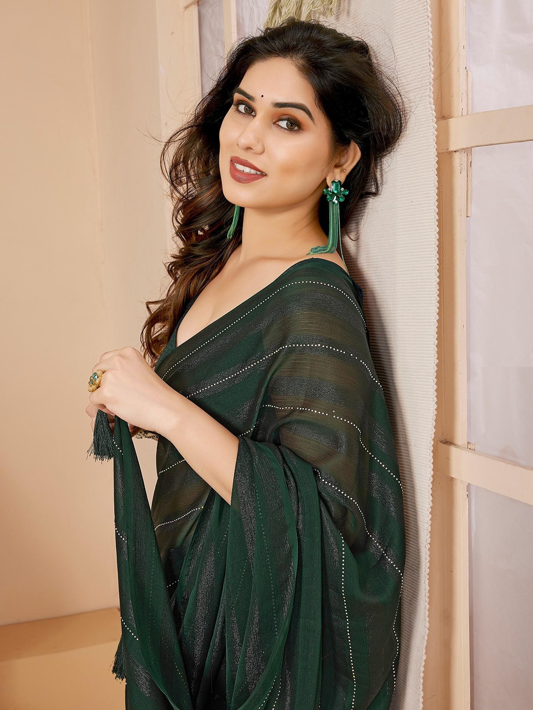 

HERE&NOW Embellished Beads and Stones Ready to Wear Saree, Green