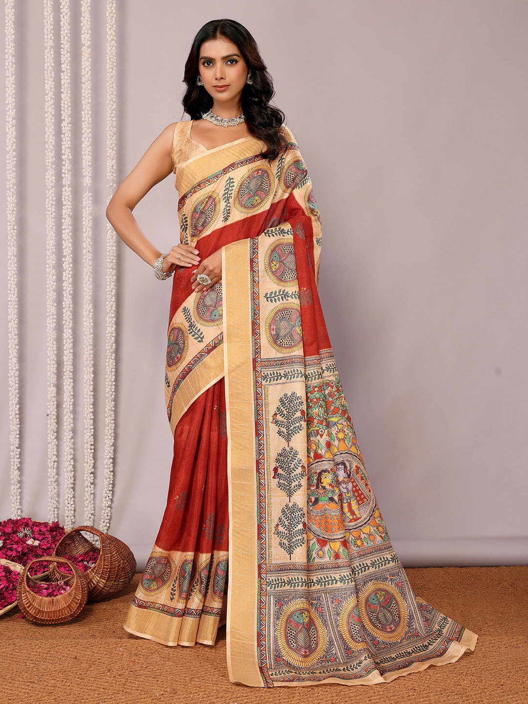 

KALINI Ethnic Motifs Silk Blend Chanderi Saree, Maroon