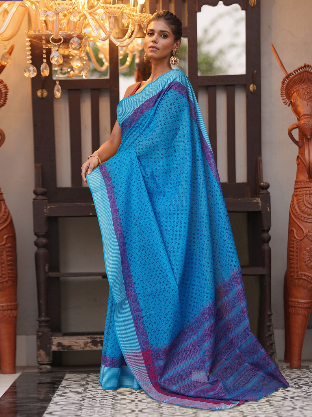 

Unnati Silks Floral Pure Cotton Handloom Mangalagiri Saree, Blue